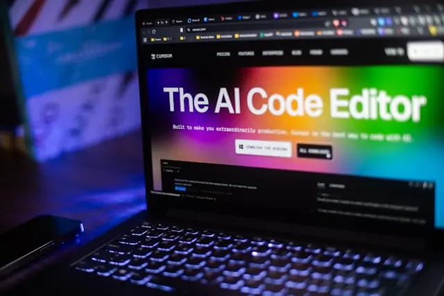 Laptop zeigt die Cursor-Website mit dem Schriftzug The AI Code Editor auf buntem Verlauf, als Bezug zur geplanten Übernahme durch SpaceX