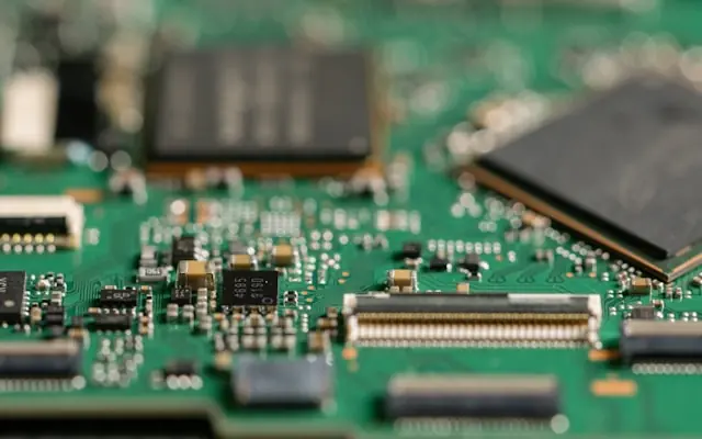 Nahaufnahme einer grünen Leiterplatte mit Mikrochips und Bauteilen als Bezug zu den TSMC-Rekordzahlen und fallenden Chipaktien
