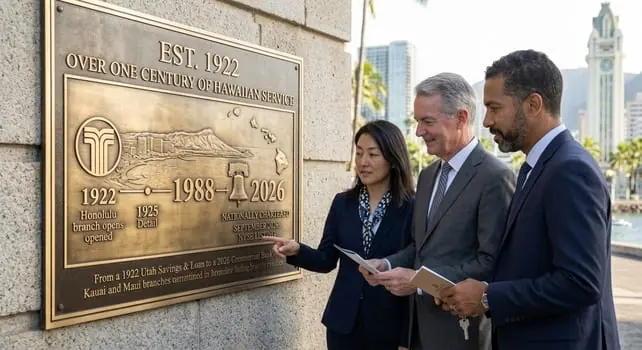 Drei Personen in Business-Kleidung betrachten eine Bronzetafel mit Inschrift zu über hundert Jahren Bankgeschichte auf Hawaii seit 1922