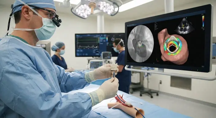 Chirurg hält im OP ein Herzklappenimplantat, im Hintergrund bildgebende Monitore mit Herzaufnahmen zur Herzklappentechnologie von Anteris