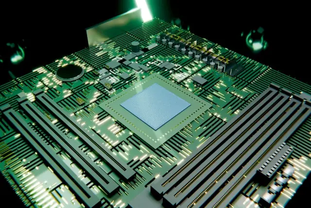 Digitale Darstellung einer grün leuchtenden Platine mit zentralem Prozessorchip als Bezug zum Kurssprung von SK hynix nach dem Nasdaq-Debüt