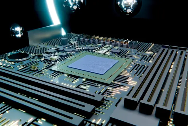 Nahaufnahme einer futuristischen Platine mit zentralem Mikrochip und Leiterbahnen als Bildmotiv zum Ottobock-Börsengang im Prime Standard