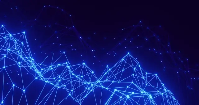Leuchtend blaue Datenpunkte, durch Linien zu einem Netzwerk verbunden, als Verweis auf den Börsengang von Ingram Micro