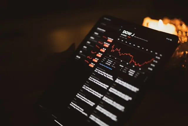 Hand hält ein Tablet mit dem Dow-Jones-Index, einem Linienchart und roten Kursdaten als Bezug zum großen Verfallstag