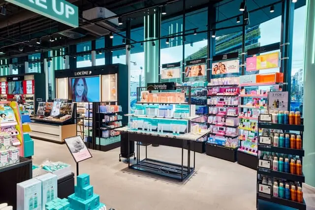 Verkaufsraum einer Douglas-Filiale mit Kosmetikregalen und Werbeflächen für Make-up als Bezug zur Rückkehr des Unternehmens an die Frankfurter Börse
