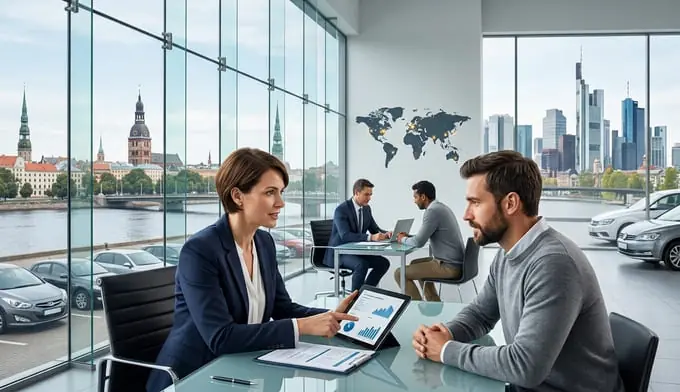 Frau zeigt Mann in Büro mit Weltkarte ein Tablet mit Kursdiagramm, im Hintergrund die Skylines von Riga und Frankfurt zum Start der Eleving Group