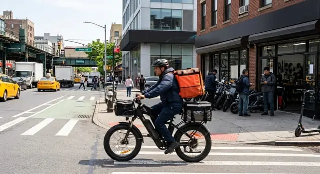 Lieferfahrer mit Helm und orangefarbenem Rucksack auf einem E-Bike an einer Straßenkreuzung, im Umfeld des Börsengangs des E-Bike-Anbieters Fly-E