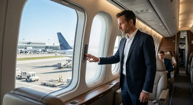 Mann im Anzug bedient die Schalttaste am Kabinenfenster eines Flugzeugs mit Blick aufs Rollfeld, im Umfeld des Nasdaq-Börsengangs von Gauzy
