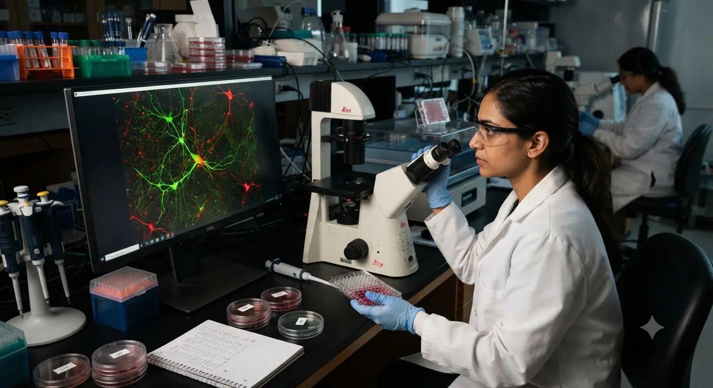 Wissenschaftlerin blickt durch ein Fluoreszenzmikroskop, auf dem Monitor grün-rot markierte Nervenzellen als Bezug zum Börsengang von MapLight Therapeutics