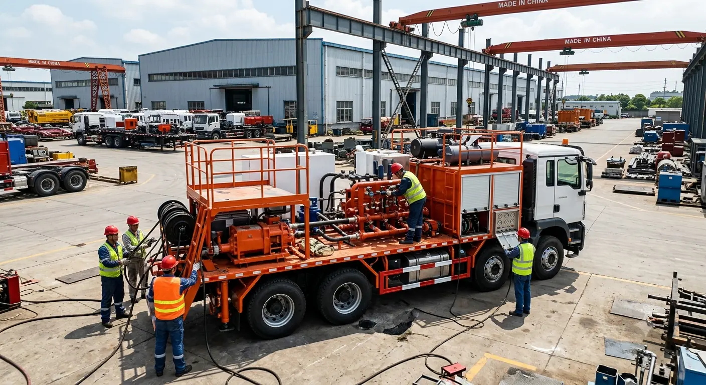 Arbeiter in Warnkleidung montieren ein Servicefahrzeug mit Pumpen und Rohrsystem auf dem Werksgelände des Ölfeldausrüsters STAK vor dem Börsengang