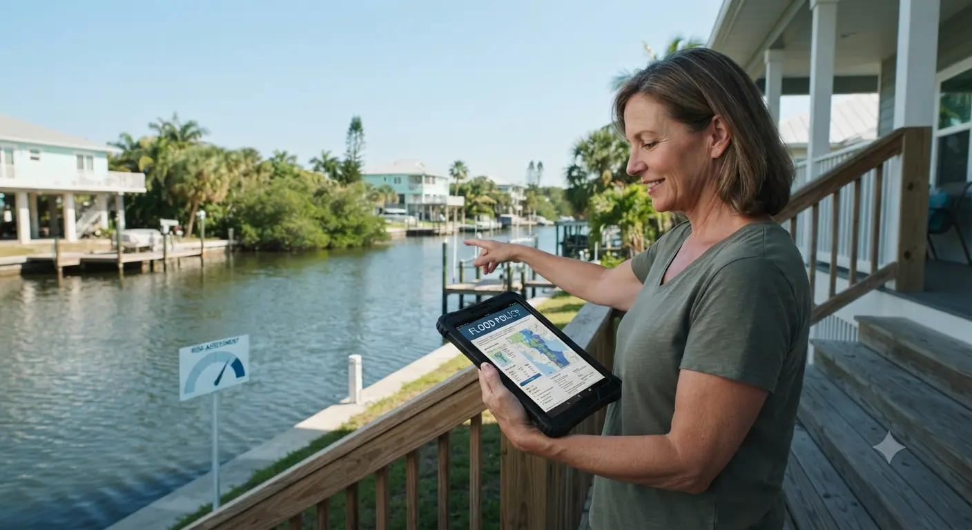 Frau steht auf einer Veranda an einem Wasserkanal und betrachtet eine Hochwasserrisikokarte auf einem Tablet als Bezug zum Börsengang des Versicherers Neptune