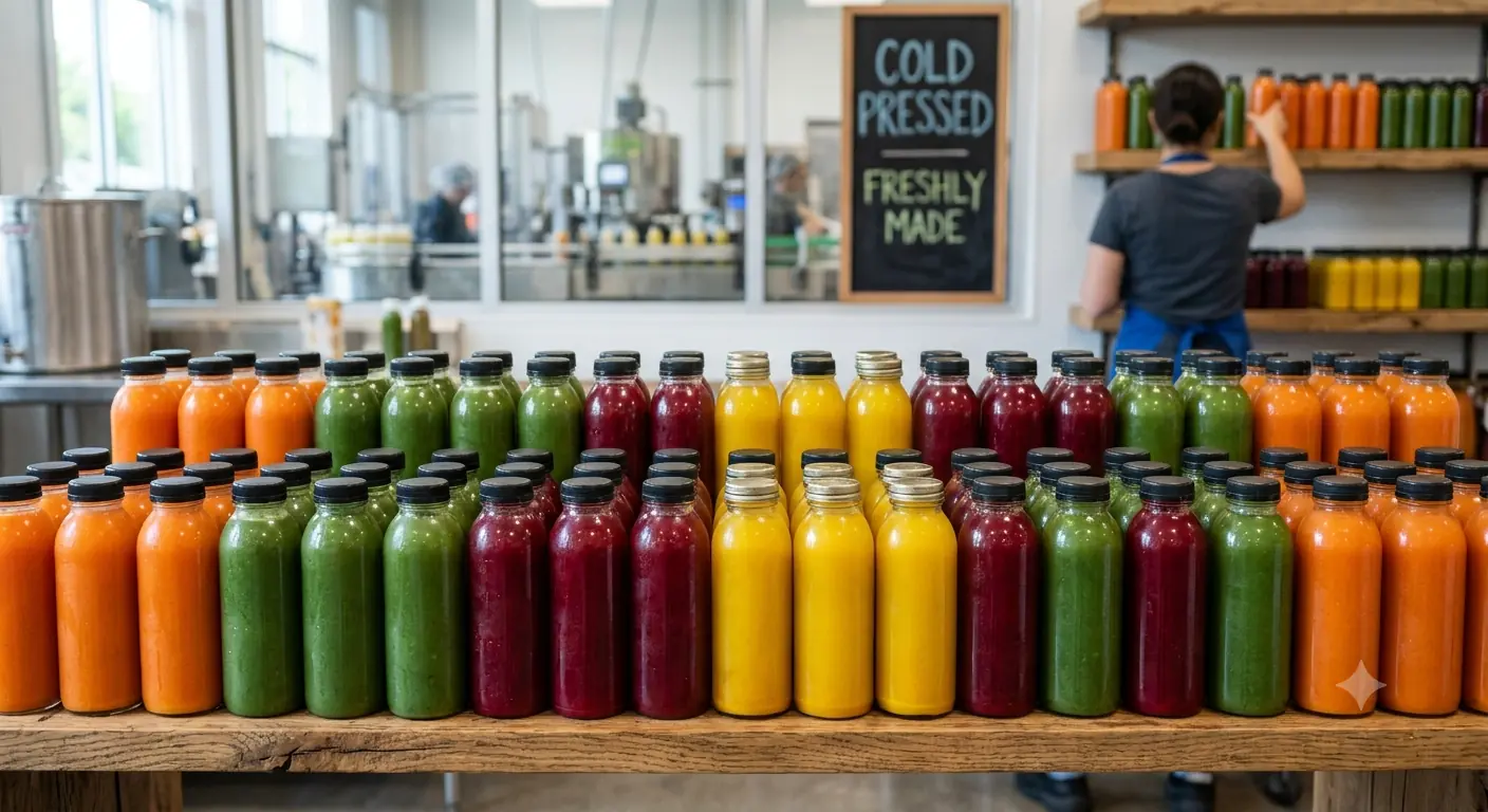 Reihen bunter Saftflaschen in Orange, Grün, Rot und Gelb vor einer Tafel mit der Aufschrift Cold Pressed als Bezug zum Börsengang von Suja Life