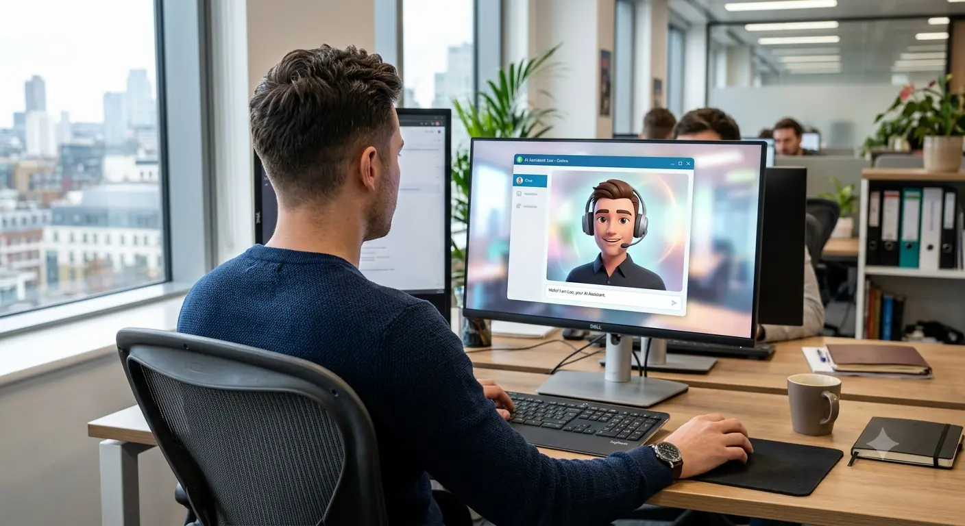 Büroangestellter blickt auf Bildschirm mit KI-Chatassistenten als Bezug zum bevorstehenden Börsengang von VIDA Global