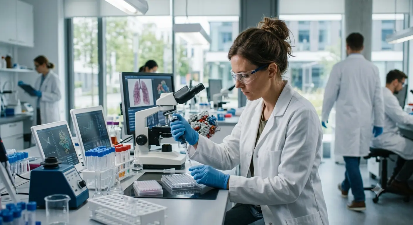 Laborantin mit Schutzbrille pipettiert an einer Mikrotiterplatte im Biotech-Labor, im Hintergrund Kollegen an Mikroskopen und Bildschirmen als Bezug zum Börsengang von Sionna Therapeutics