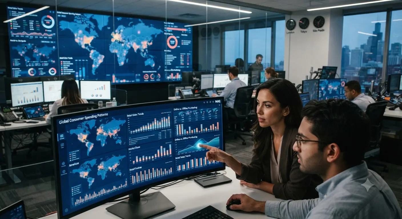 Zwei Analysten besprechen Weltkarten und Balkendiagramme zu globalen Konsumtrends im Büro als Bezug zum Börsengang des Marktforschungsunternehmens NIQ