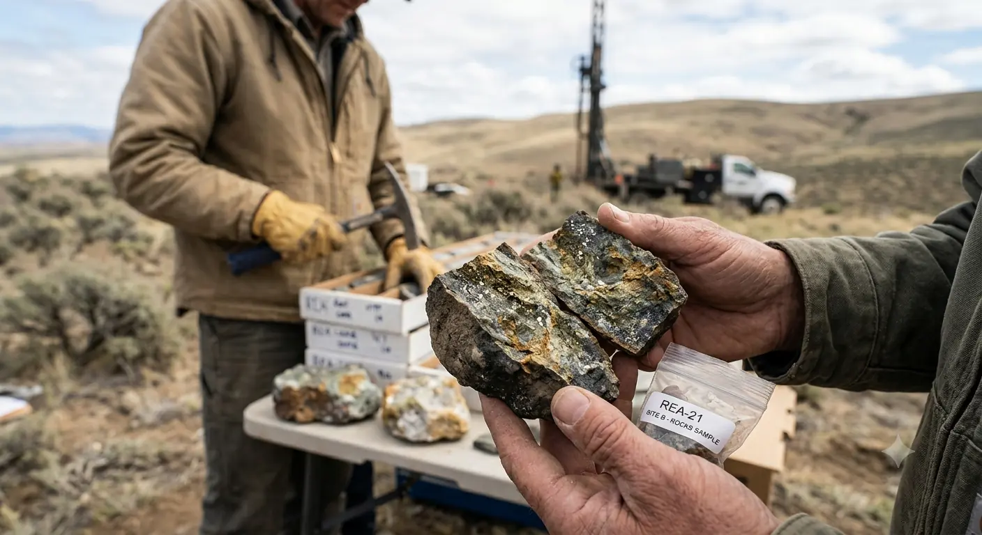 Geologe untersucht eine aufgebrochene Gesteinsprobe im Gelände als Bezug zur Exploration von Rare Earths Americas vor dem geplanten Börsengang