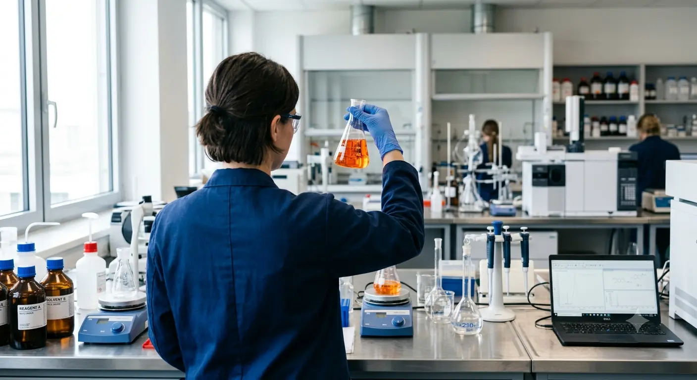 Laborfachkraft im blauen Kittel begutachtet einen Erlenmeyerkolben mit oranger Flüssigkeit als Bezug zum Börsengang von Odyssey Therapeutics