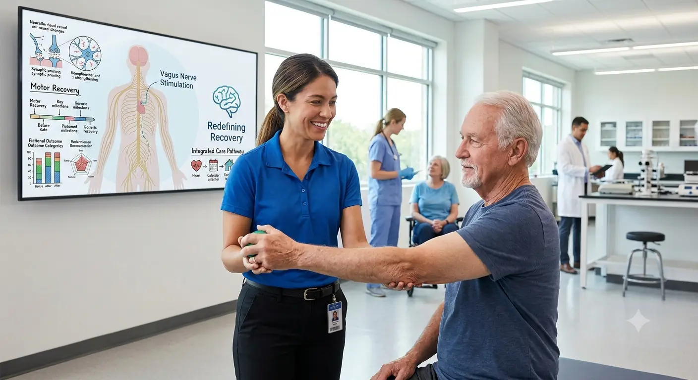 Physiotherapeutin unterstützt Patienten bei Handübung, im Hintergrund Bildschirm zu Vagusnerv-Stimulation als Bezug zum IPO von Mobia Medical