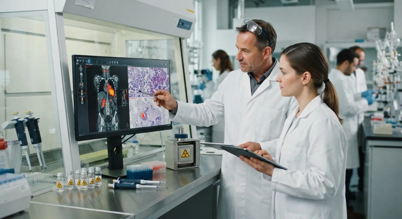 Zwei Laborärzte im weißen Kittel besprechen einen PET-CT-Scan und histologische Gewebeproben am Bildschirm als Bezug zum Börsengang des Radiopharma-Unternehmens Pentixapharm