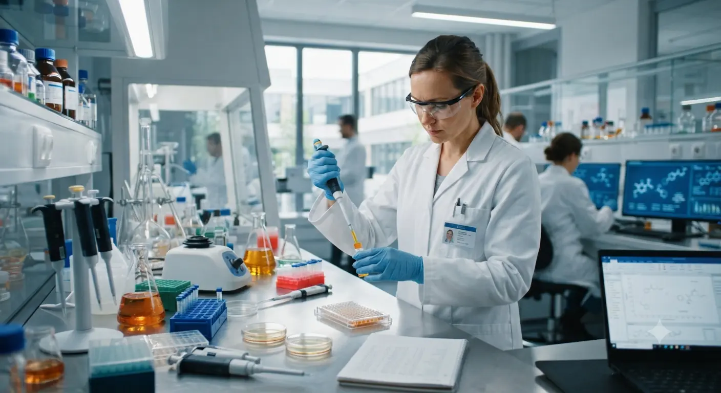 Forscherin mit Schutzbrille pipettiert im Biotech-Labor als Bezug zur klinischen Entwicklung von LB-102 bei LB Pharmaceuticals