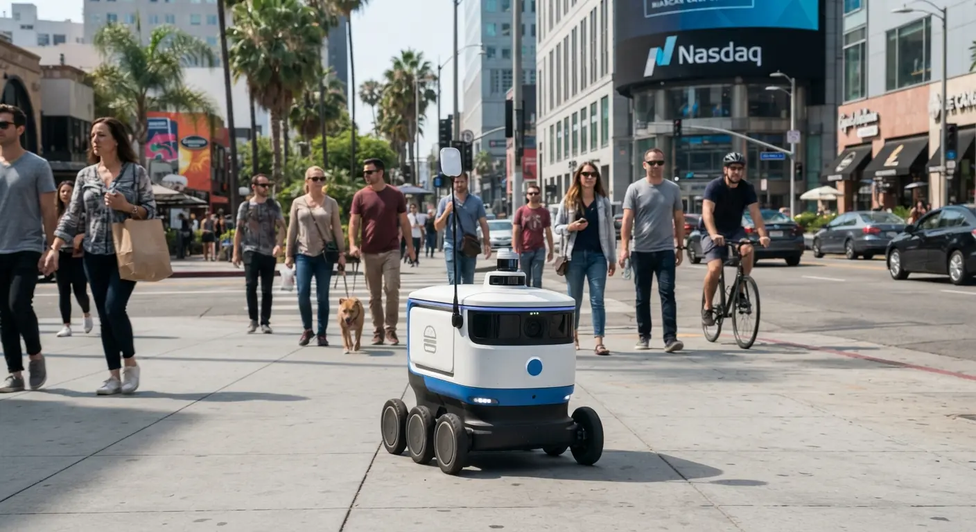 Ein autonomer Lieferroboter fährt über eine belebte Straße mit Fußgängern und einer Nasdaq-Anzeigetafel im Hintergrund als Bezug zum Börsengang des Robotik-Unternehmens Serve