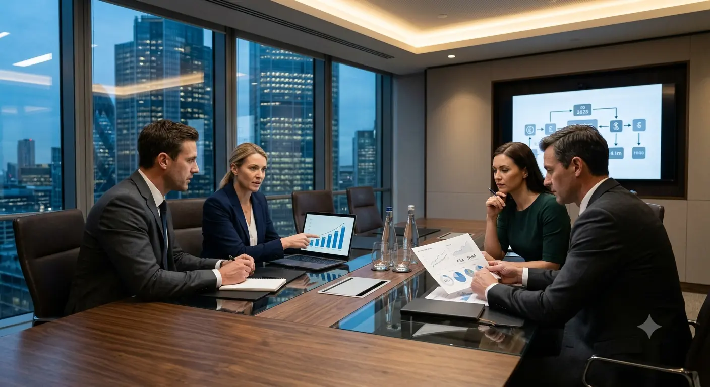 Vier Führungskräfte in einem Konferenzraum mit Skyline-Blick besprechen Wachstumscharts als Bezug zum bevorstehenden Börsengang von Lincoln International