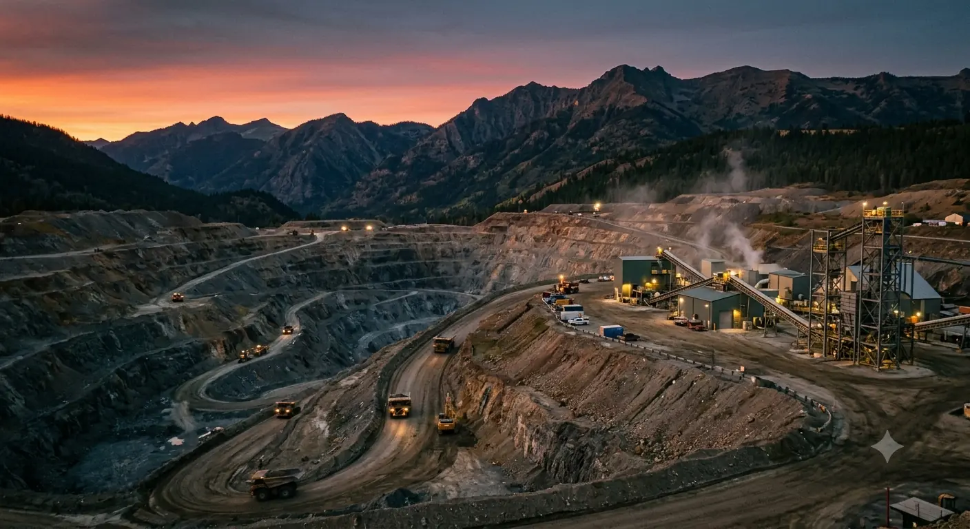 Tagebau mit terrassierten Abbauwänden, Muldenkippern und beleuchteter Anlage bei Sonnenuntergang, im Kontext des Silver-Bow-Mining-Börsengangs