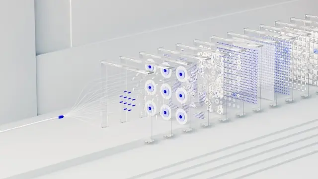 Abstrakte 3D-Grafik eines neuronalen Netzes mit blauen Knotenpunkten im Zusammenhang mit Riot Platforms als KI-Vermieter für Anthropic