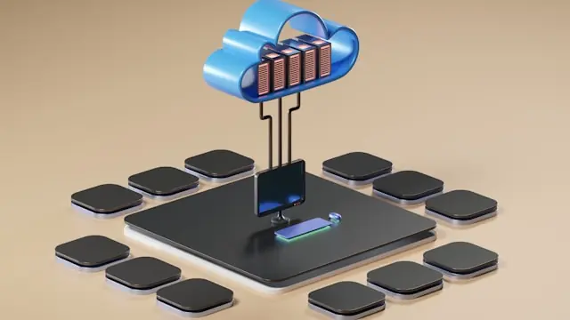 Eine 3D-Illustration zeigt eine Cloud mit Serverelementen, die über Kabel mit einem Monitor verbunden ist.