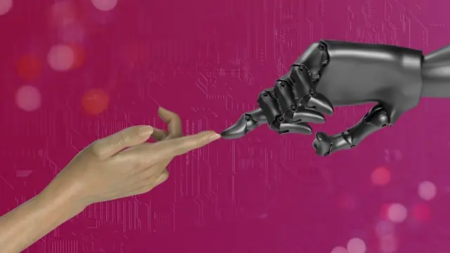 Menschliche Hand und schwarze Roboterhand strecken sich einander entgegen vor pinkem Hintergrund mit Schaltkreismuster als Bezug zur KI-Konkurrenz bei Nebius