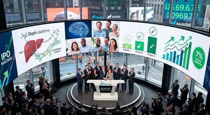 Gruppe von Führungskräften bei der Glockenzeremonie am Nasdaq-Pult, umgeben von Bildschirmen mit Studienphasen und Kursverlauf zum Börsengang von Seaport Therapeutics