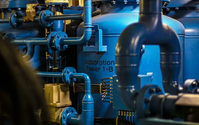 Blaue Rohrleitungen, Ventile und Behälter mit der Aufschrift Adsorption Tower 1-B als Beispiel für Gasgeneratoren-Technik von ERock