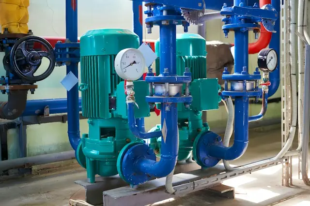 Grüne Pumpen mit blauen Rohrleitungen, Manometern und Absperrventil in einem Technikraum als Bezug zur Industrietechnik von INNIO