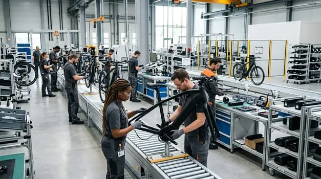 Arbeiter montieren E-Bike-Rahmen an einer Fließbandlinie in einer Fabrikhalle, im Umfeld des Nasdaq-Börsengangs des Elektrorad-Herstellers LOBO