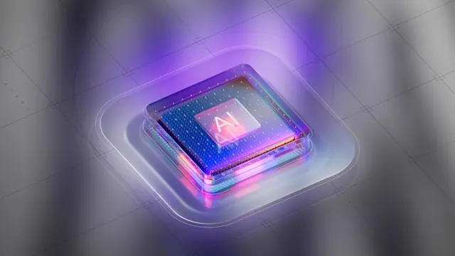 Leuchtender KI-Mikrochip in futuristischem Design mit violett-blauen Lichteffekten auf einer grauen Oberfläche. In der Mitte des Chips ist das Kürzel ‚AI‘ sichtbar.