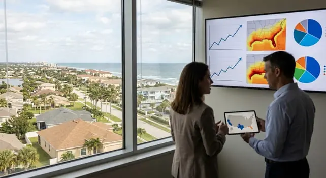 Zwei Personen vor einem Bildschirm mit Liniendiagrammen, Kreisdiagrammen und Karten der US-Küste, im Fenster Wohnhäuser und Palmen am Meer