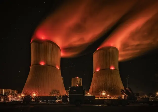 Zwei beleuchtete Kühltürme mit orangefarbenem Dampf bei Nacht, im Vordergrund Lastwagen, als Bildmotiv zum NYSE-Börsengang von Standard Nuclear