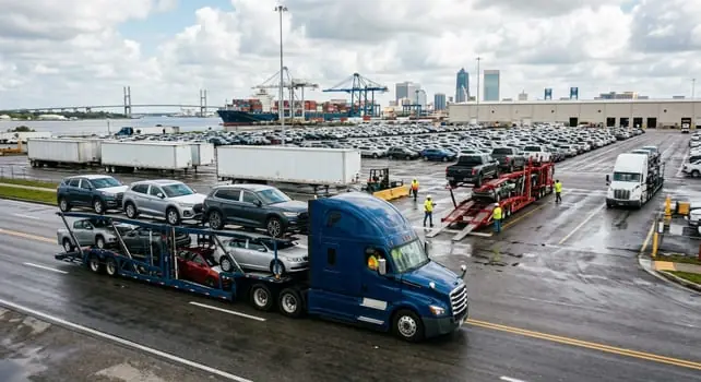 Autotransporter mit Fahrzeugen auf einem Hafengelände mit Containerschiff und Pkw-Stellflächen als Bezug zum Nasdaq-Börsengang von Proficient