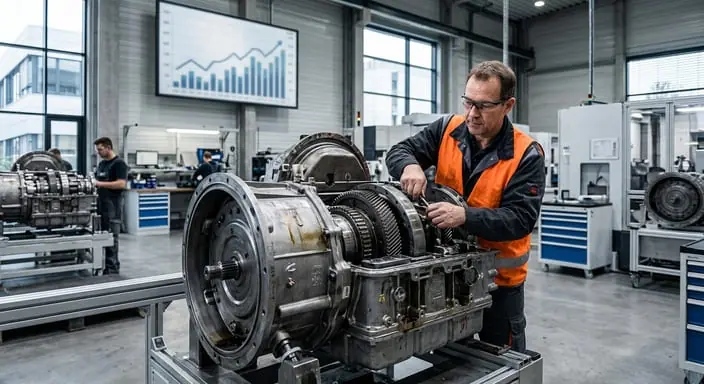 Mitarbeiter in Warnweste montiert ein großes Getriebe in der Fertigungshalle, im Hintergrund ein Bildschirm mit steigendem Kursdiagramm zum Börsengang von RENK