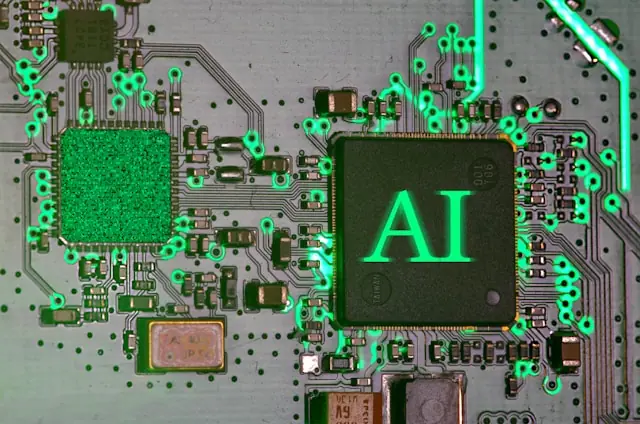 Nahaufnahme einer Computerplatine mit grün leuchtendem Chip und AI-Aufdruck als Bezug zur KI-gestützten Depotverwaltung von Robinhood