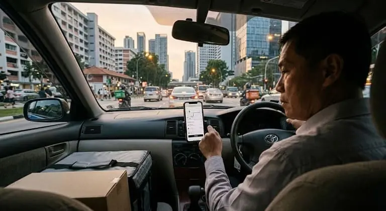 Fahrer im Auto mit Smartphone und Navigations-App im abendlichen Stadtverkehr Singapurs als Bezug zum IPO des Fahrdienstes Ryde