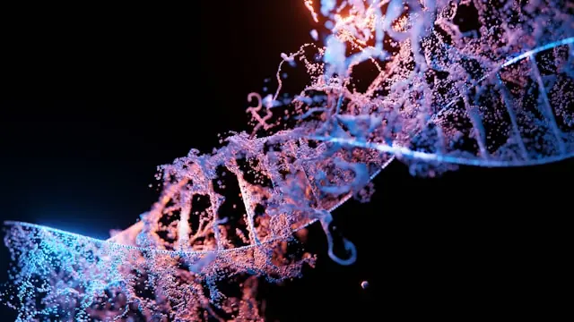 Digital gerenderte DNA-Doppelhelix aus blau und rosa leuchtenden Partikeln vor schwarzem Hintergrund als Bezug zum Kurssturz der Moderna-Aktie nach der Rekordrally