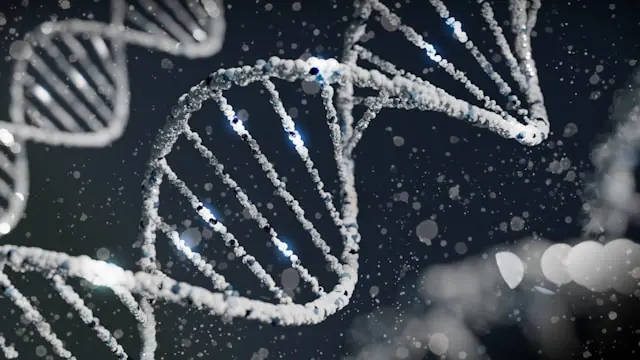 Dreidimensional dargestellte DNA-Doppelhelix in Weiß und Blau vor dunklem Hintergrund, als Bezug zur Gentherapie von uniQure gegen Huntington