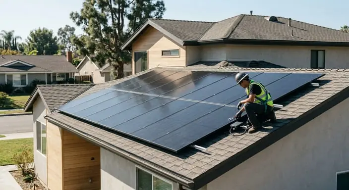 Monteur in Warnweste installiert Solarmodule auf einem Hausdach als Bezug zum geplanten Nasdaq-Börsengang von SolarMax