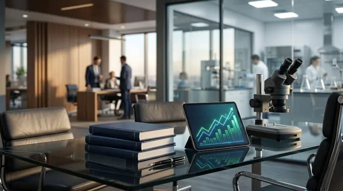 Glaskonferenztisch mit Tablet-Chart, Büchern und Mikroskop vor Büro- und Laborkulisse als Bezug zum Börsengang des Fachverlags Springer Nature
