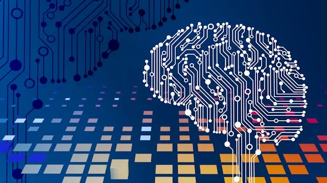 Digitale Illustration eines Gehirns aus Leiterplattenstrukturen auf blauem Hintergrund, passend zu einem Artikel über Kursgewinne des KI-Halbleiterunternehmens POET Technologies