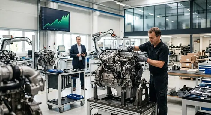 Mitarbeiter montiert einen Motor in der Fertigungshalle, im Hintergrund ein Bildschirm mit steigendem Kursverlauf von Steyr Motors