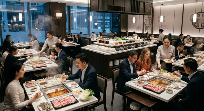 Gäste an gedeckten Tischen mit Hotpot-Töpfen in einem gut besuchten Restaurant als Bezug zum Börsenstart von Haidilao-Betreiber Super Hi