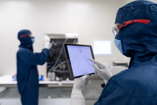 Zwei Mitarbeiter in blauen Schutzanzügen mit Tablet und Laborgerät in einem Reinraum als Bezug zum Kursanstieg der Iovance-Aktie
