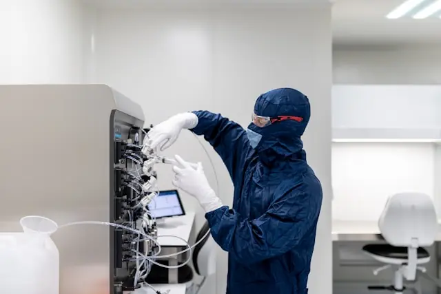 Laborant im blauen Schutzanzug bedient ein Laborgerät im Reinraum vor dem Hintergrund der Kurserholung von Moderna